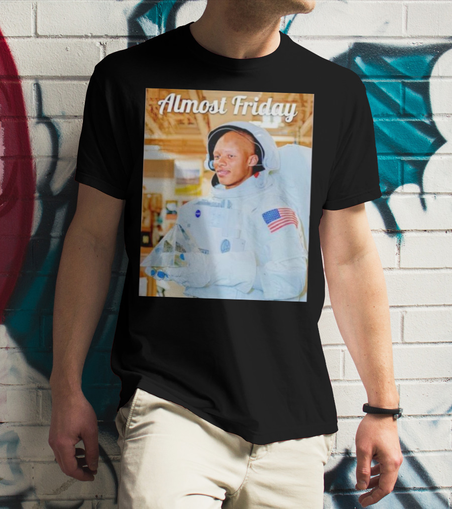 Almost Friday Astronaut Holding Crystal Model In NASA Spacesuit With American Flag Patch T-Shirt
