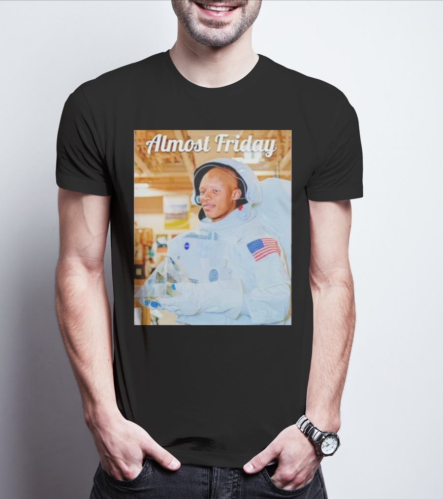 Almost Friday Astronaut Holding Crystal Model In NASA Spacesuit With American Flag Patch T-Shirt