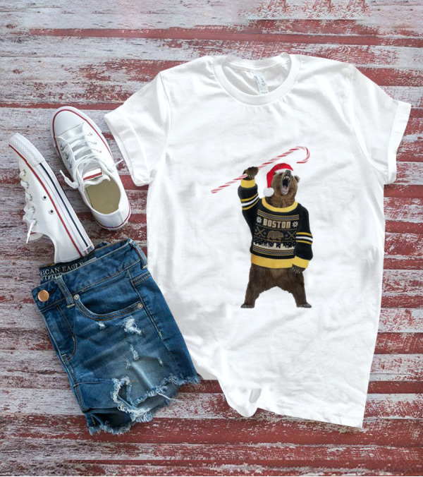 Boston Bear Christmas Holiday Sweater Santa Hat Candy Cane T-Shirt