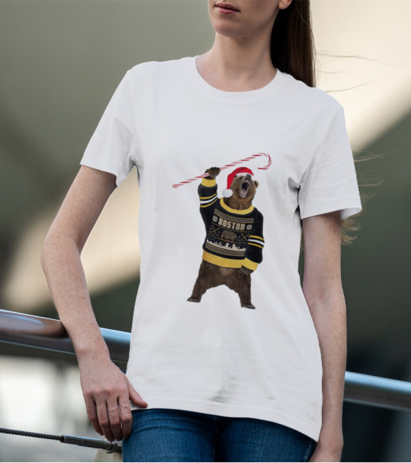 Boston Bear Christmas Holiday Sweater Santa Hat Candy Cane T-Shirt