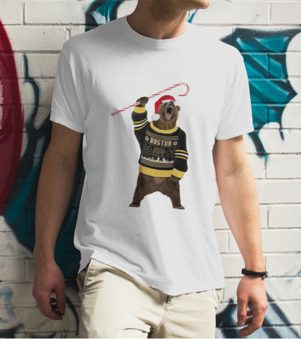 Boston Bear Christmas Holiday Sweater Santa Hat Candy Cane T-Shirt