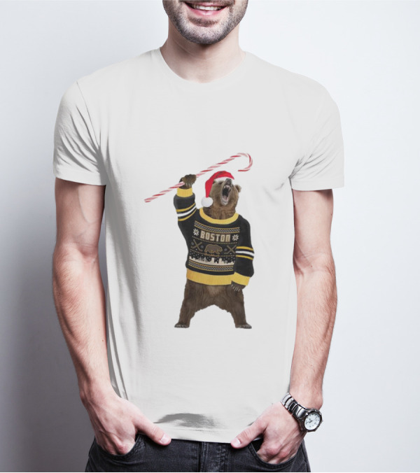 Boston Bear Christmas Holiday Sweater Santa Hat Candy Cane T-Shirt