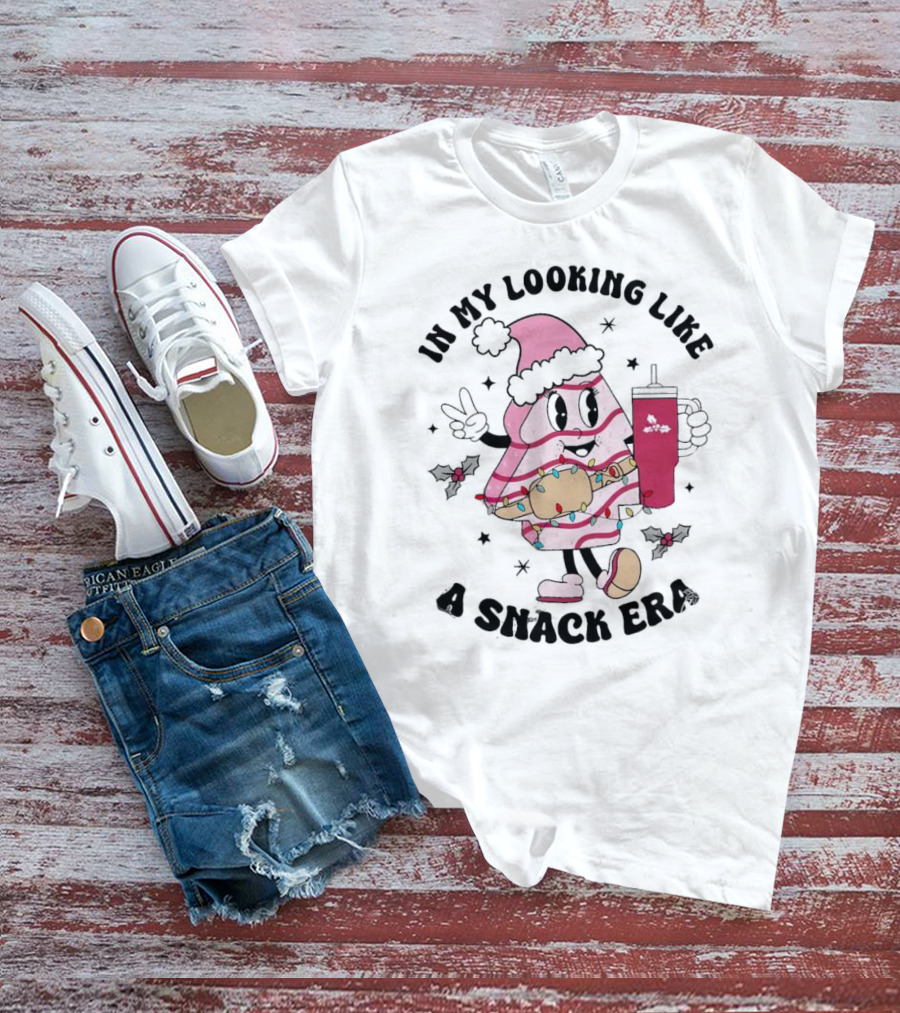 In My Looking Like A Snack Era Christmas Tree Cake Festive Icon With Holiday Drum And Drink Cup T-Shirt