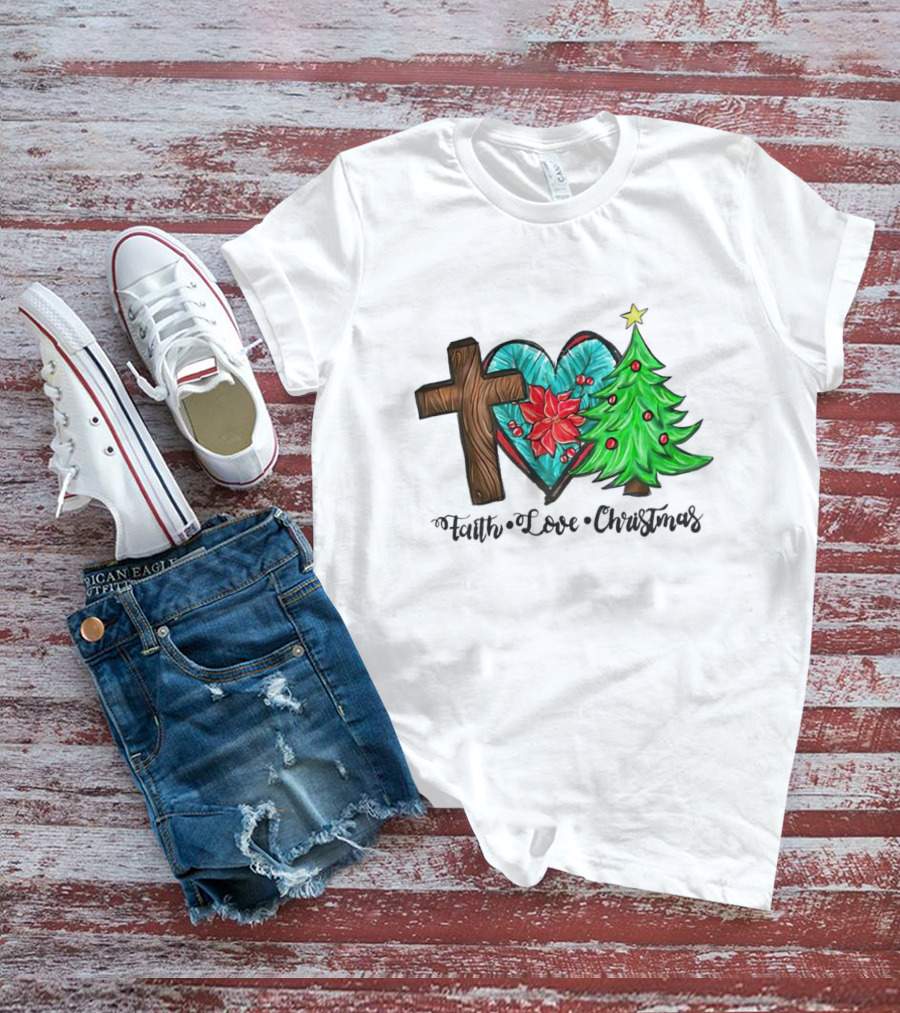 Faith Love Christmas Cross Poinsettia Tree T-Shirt
