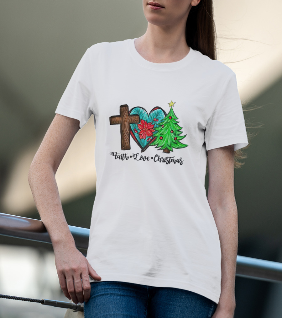 Faith Love Christmas Cross Poinsettia Tree T-Shirt