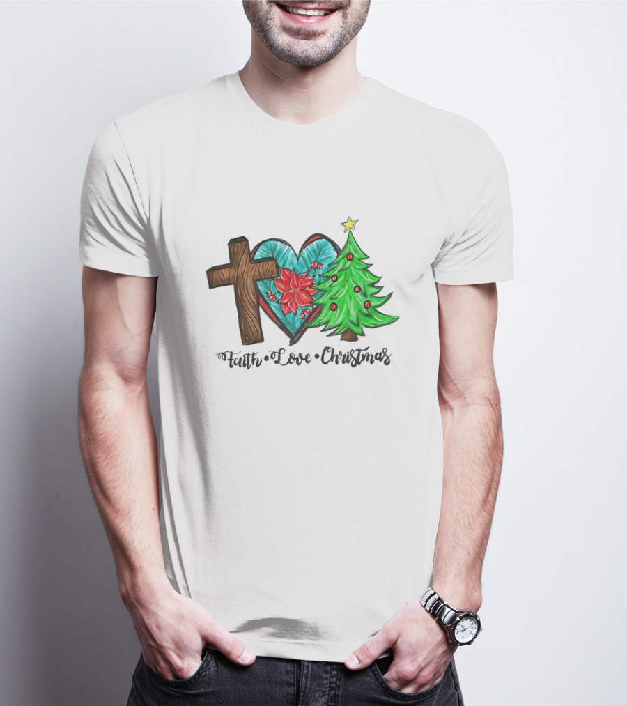 Faith Love Christmas Cross Poinsettia Tree T-Shirt