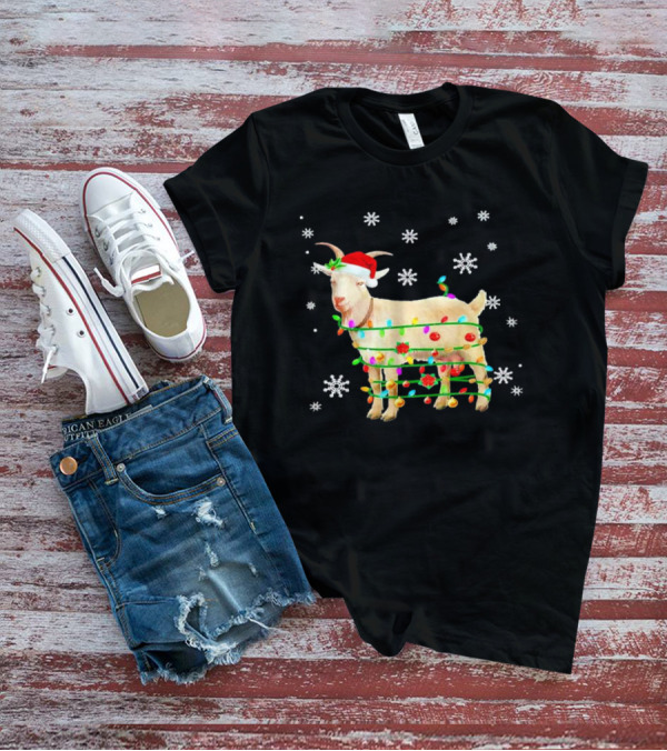 Goat Wrapped In Christmas Lights With Santa Hat And Snowflakes T-Shirt