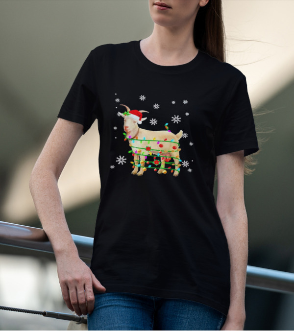 Goat Wrapped In Christmas Lights With Santa Hat And Snowflakes T-Shirt