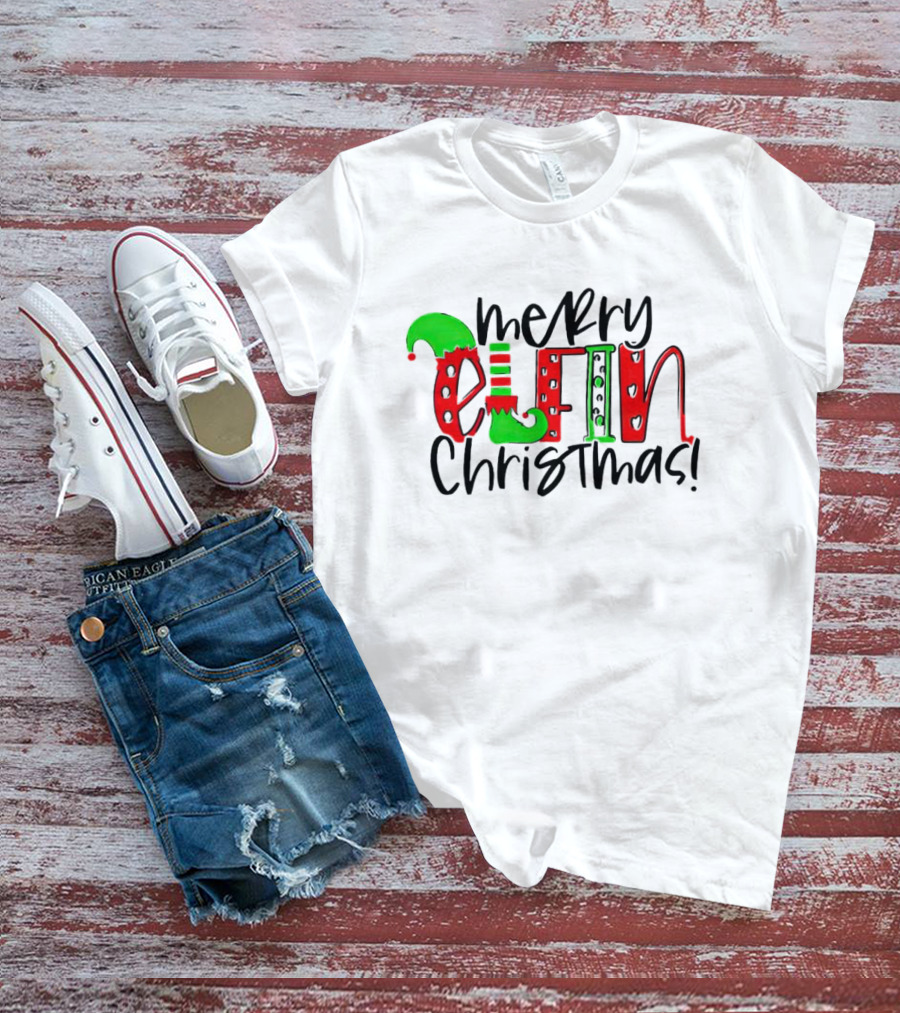 Merry Elfin Christmas Green Elf Shoe And Hat Red Stripes And Polka Dots T-Shirt
