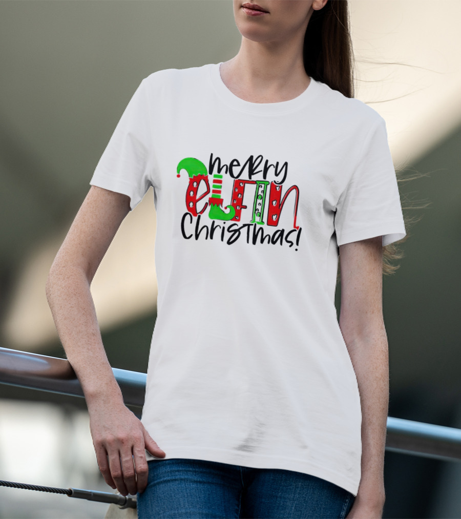 Merry Elfin Christmas Green Elf Shoe And Hat Red Stripes And Polka Dots T-Shirt