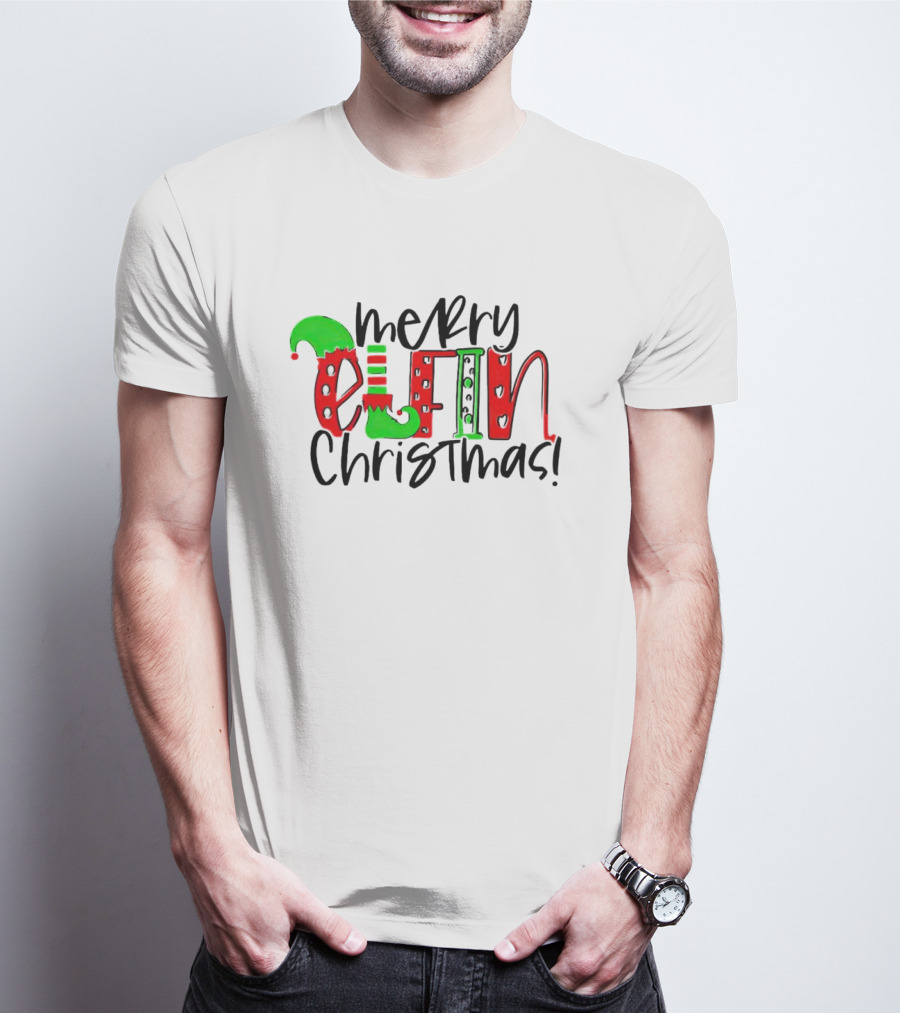 Merry Elfin Christmas Green Elf Shoe And Hat Red Stripes And Polka Dots T-Shirt