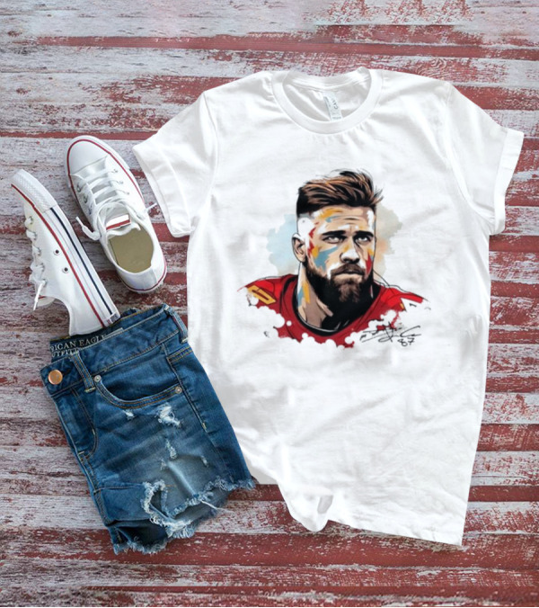 Travis Kelce Signed Portrait Artwork In Red Jersey T-Shirt