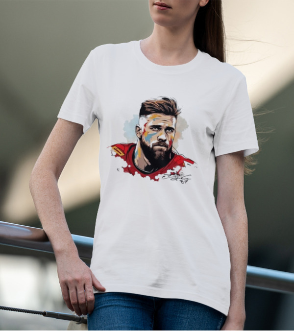 Travis Kelce Signed Portrait Artwork In Red Jersey T-Shirt