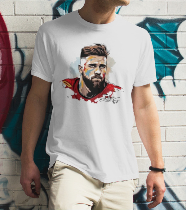 Travis Kelce Signed Portrait Artwork In Red Jersey T-Shirt