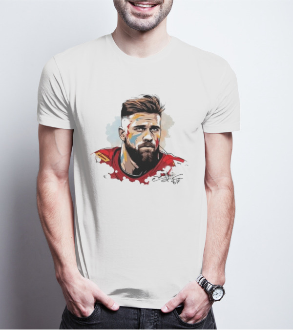 Travis Kelce Signed Portrait Artwork In Red Jersey T-Shirt