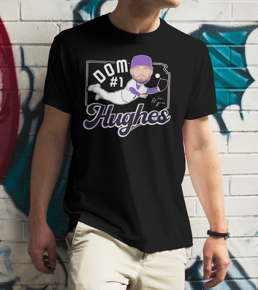 Dom #1 Hughes Caricature Baseball Player Signature T-Shirt