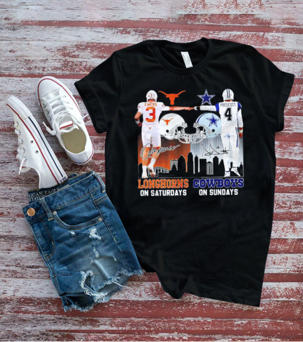 Ewers Longhorns On Saturdays Prescott Cowboys On Sundays Football Helms And Skyline T-Shirt