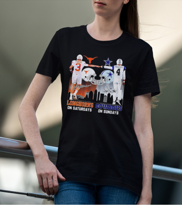 Ewers Longhorns On Saturdays Prescott Cowboys On Sundays Football Helms And Skyline T-Shirt