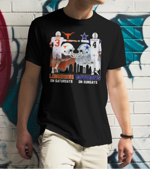 Ewers Longhorns On Saturdays Prescott Cowboys On Sundays Football Helms And Skyline T-Shirt