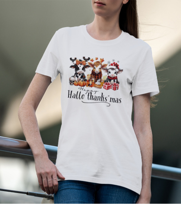 Happy HalloThanksMas Baby Cows With Pumpkins And Gifts T-Shirt