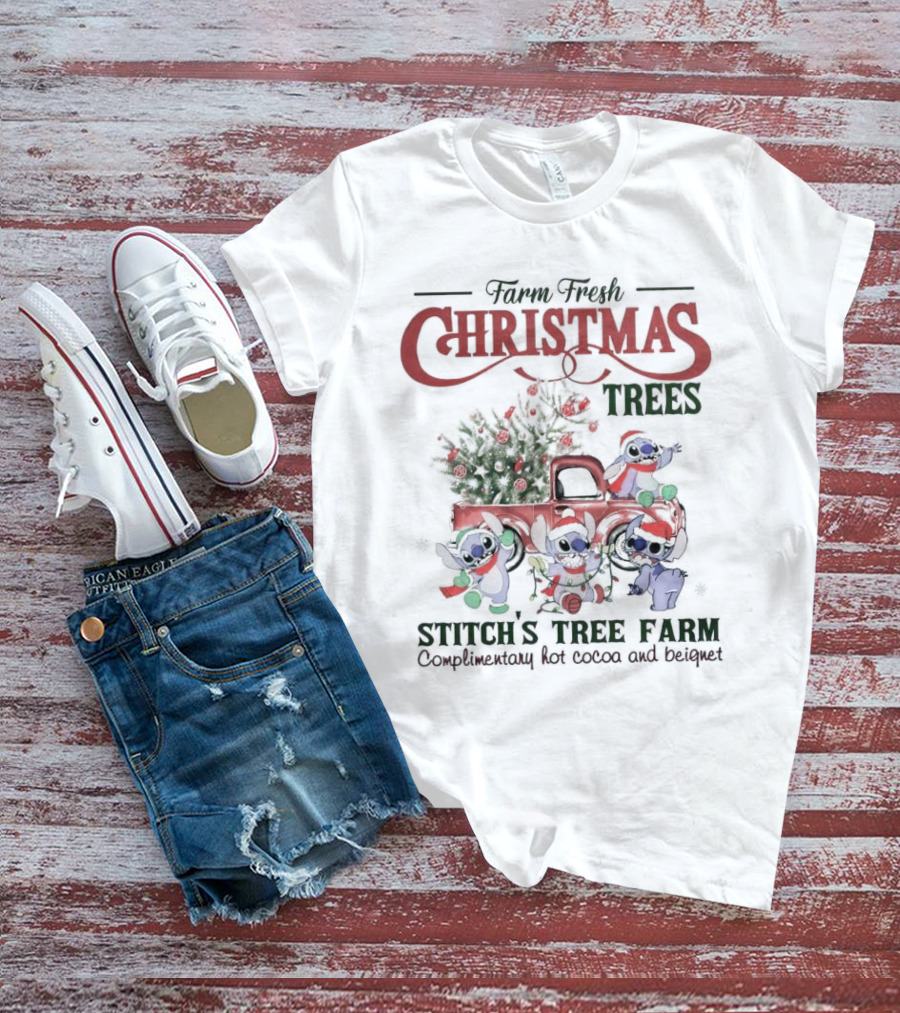 Farm Fresh Christmas Trees Stitch’s Tree Farm Complimentary Hot Cocoa And Beignet T-Shirt