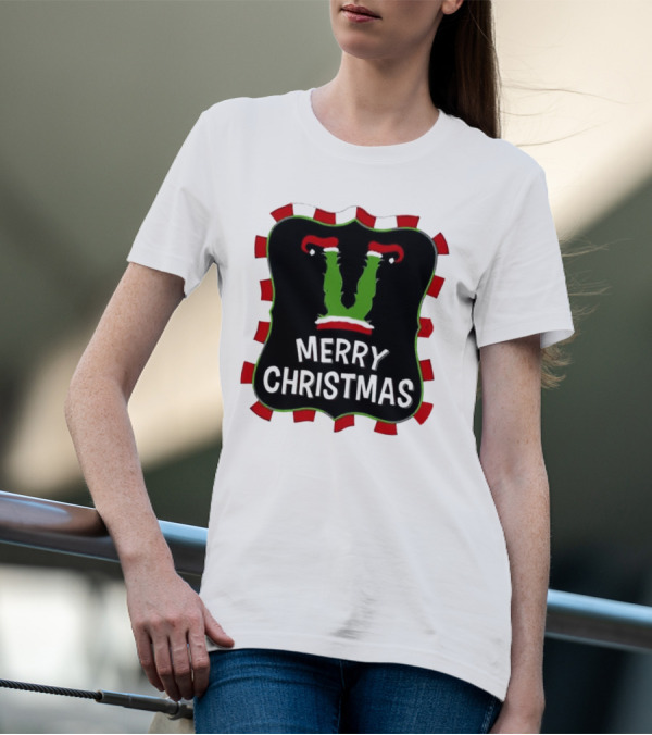 Merry Christmas Green Monster With Santa Hat T-Shirt