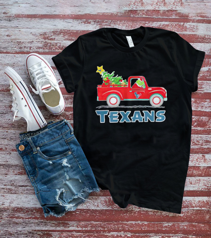 Grinch Driving Red Christmas Truck With Houston Texans T-Shirt