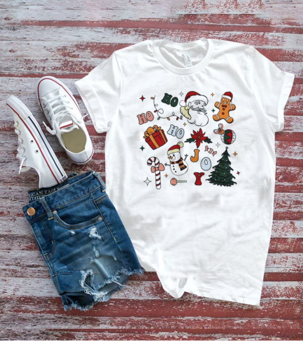 Ho Ho Ho Joy Christmas With Santa Gingerbread And Candy Cane T-Shirt
