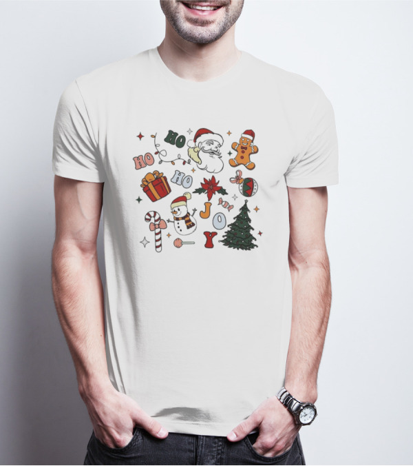 Ho Ho Ho Joy Christmas With Santa Gingerbread And Candy Cane T-Shirt