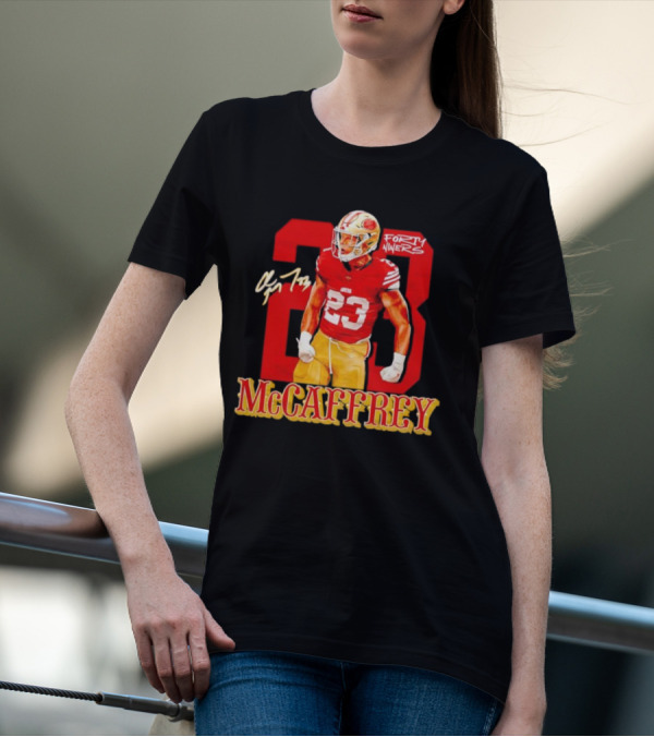 Christian McCaffrey 23 Forty Niners Red And Gold NFL Football Player T-Shirt