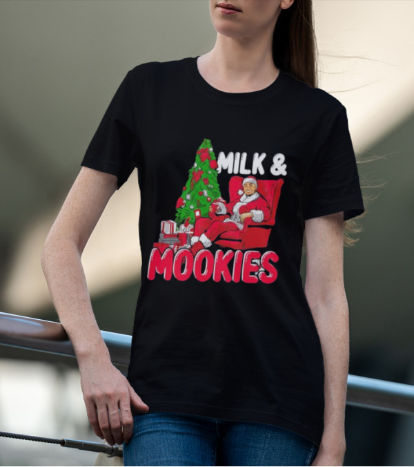 Christmas Milk And Mookies Santa By Tree T-Shirt