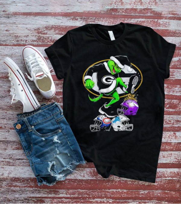 Green Bay Packers Grinch Santa Stepping On NFL Helmets Funny Christmas T-Shirt