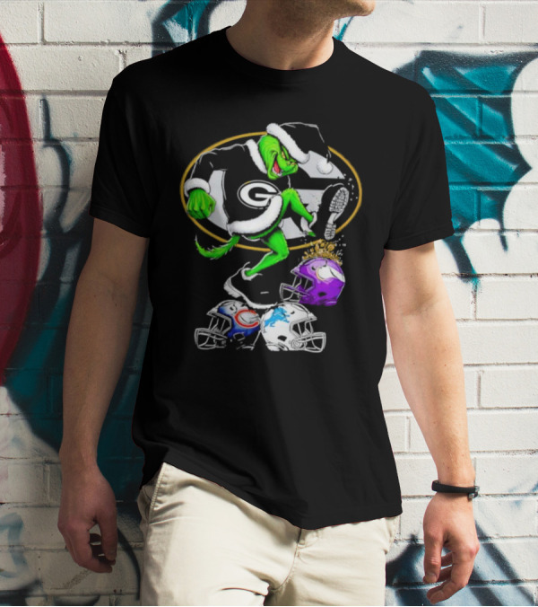 Green Bay Packers Grinch Santa Stepping On NFL Helmets Funny Christmas T-Shirt