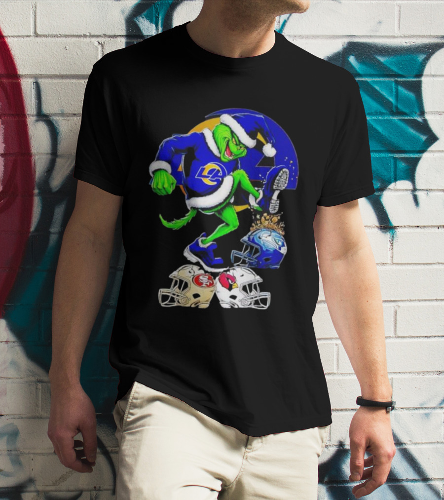 Los Angeles Rams Grinch Stomping NFL Helmets Christmas Funny Santa T-Shirt