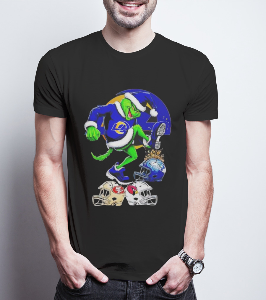 Los Angeles Rams Grinch Stomping NFL Helmets Christmas Funny Santa T-Shirt