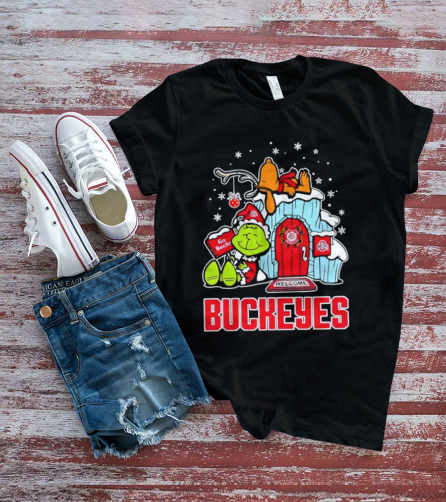 Peanuts Grinch Ohio State Buckeyes Go Bucs Merry Xmas Snoopy Woodstock T-Shirt