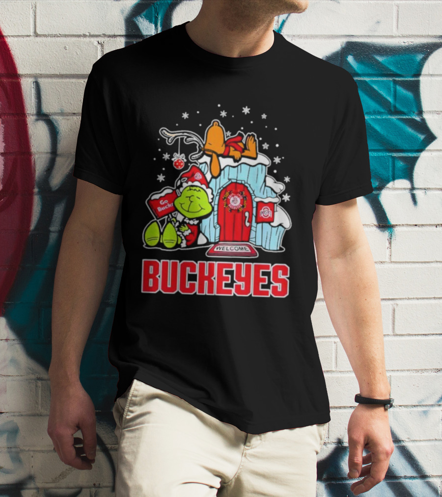 Peanuts Grinch Ohio State Buckeyes Go Bucs Merry Xmas Snoopy Woodstock T-Shirt
