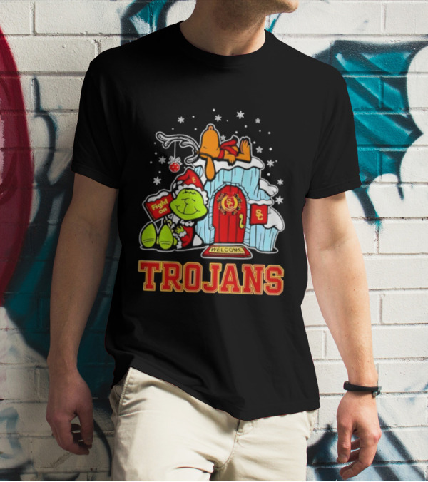 Peanuts USC Trojans Grinch Snoopy Christmas Fight On Welcome T-Shirt