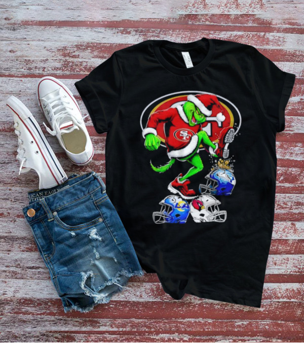 San Francisco 49ers Grinch In Santa Suit Stomps NFL Helmets Rams Cardinals Christmas T-Shirt