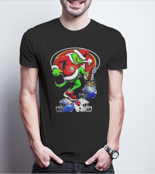 San Francisco 49ers Grinch In Santa Suit Stomps NFL Helmets Rams Cardinals Christmas T-Shirt