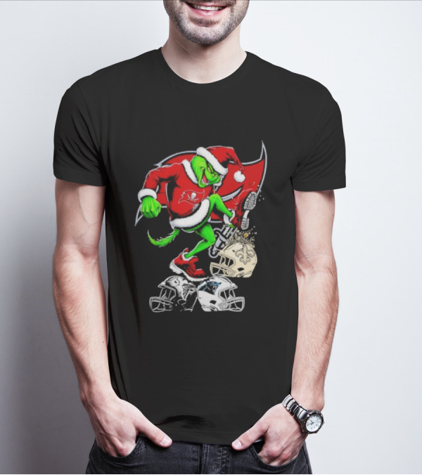 Tampa Bay Buccaneers Grinch Santa Stomping NFL Helmets Funny Christmas T-Shirt