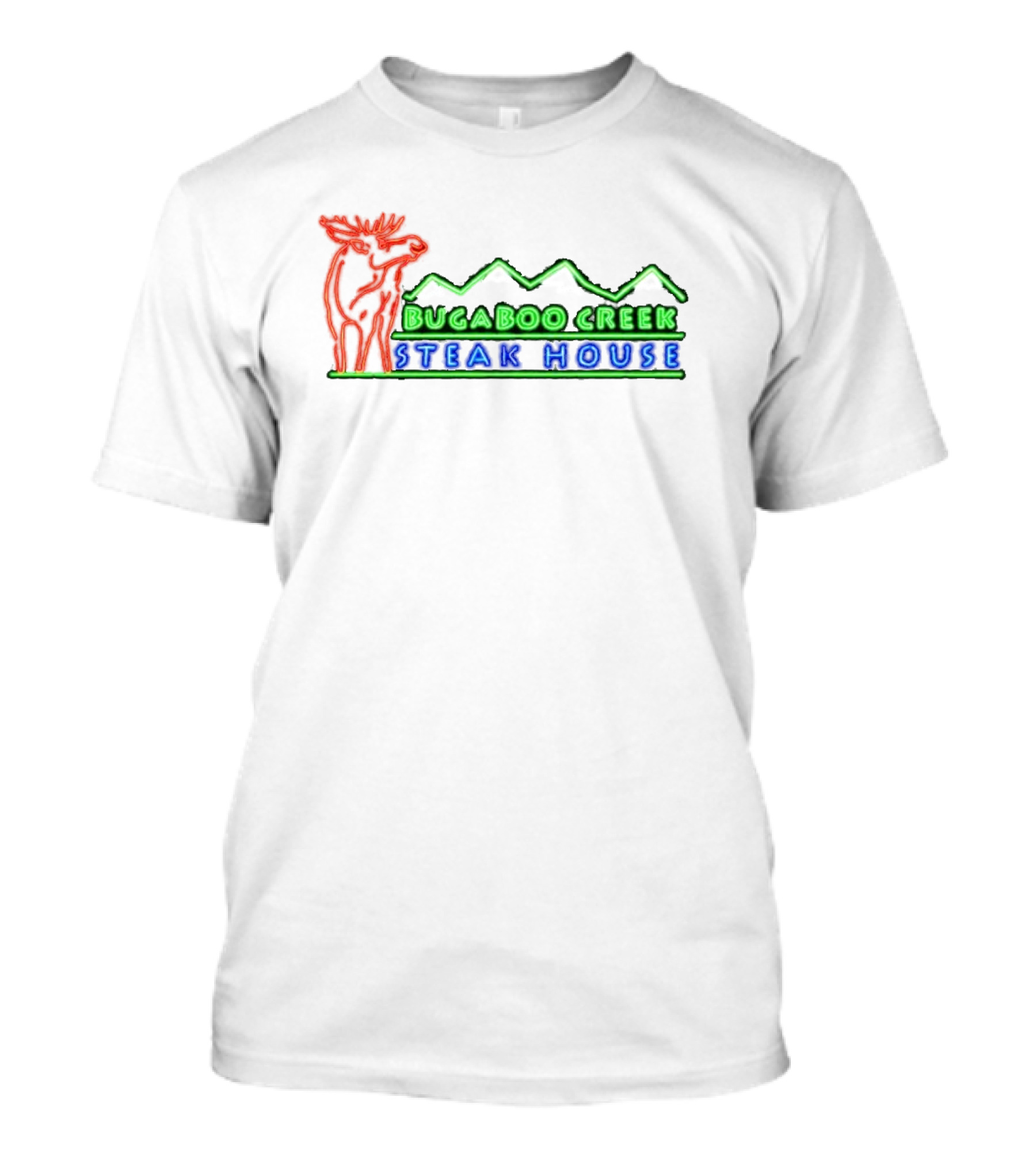 Bugaboo Creek Steakhouse Neon Logo With Moose And Mountain T-Shirt