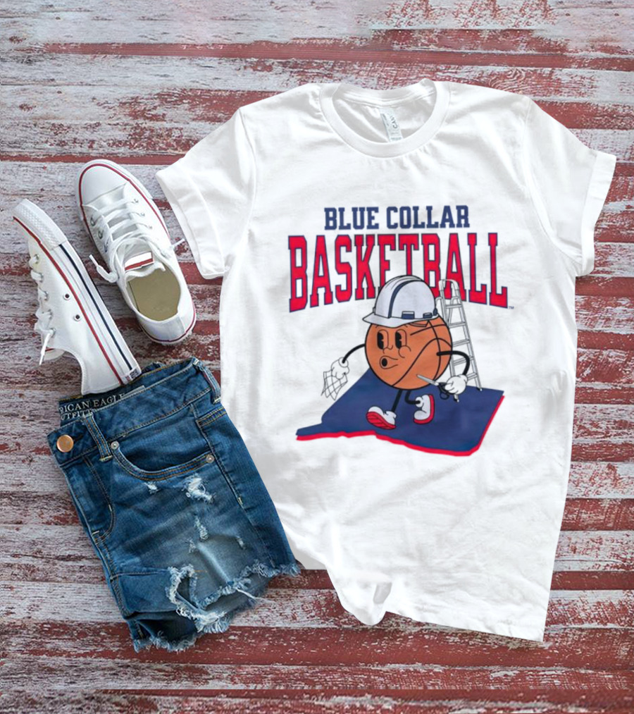 Blue Collar Basketball Hard Hat Hoop Cartoon T-Shirt