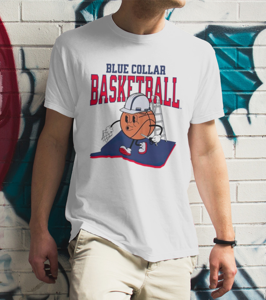 Blue Collar Basketball Hard Hat Hoop Cartoon T-Shirt