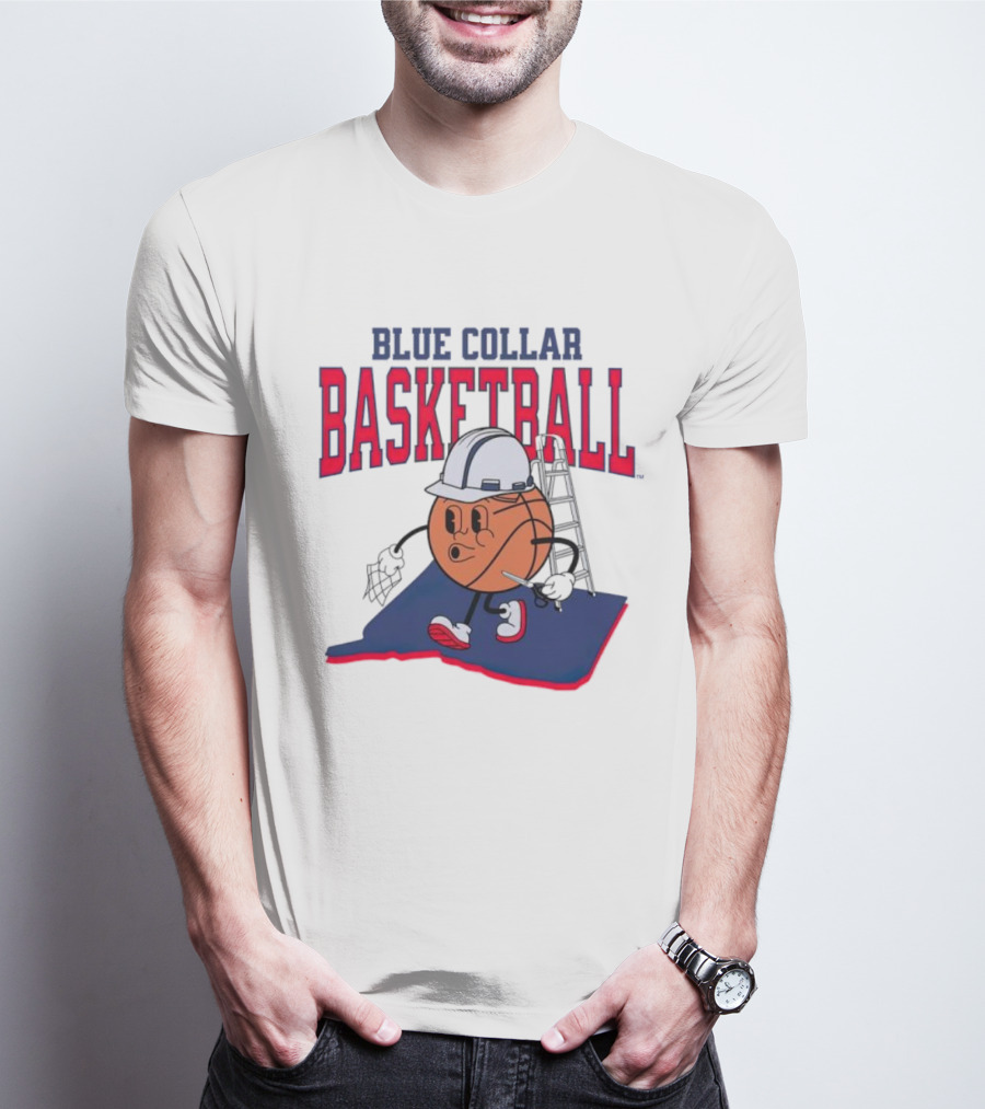 Blue Collar Basketball Hard Hat Hoop Cartoon T-Shirt