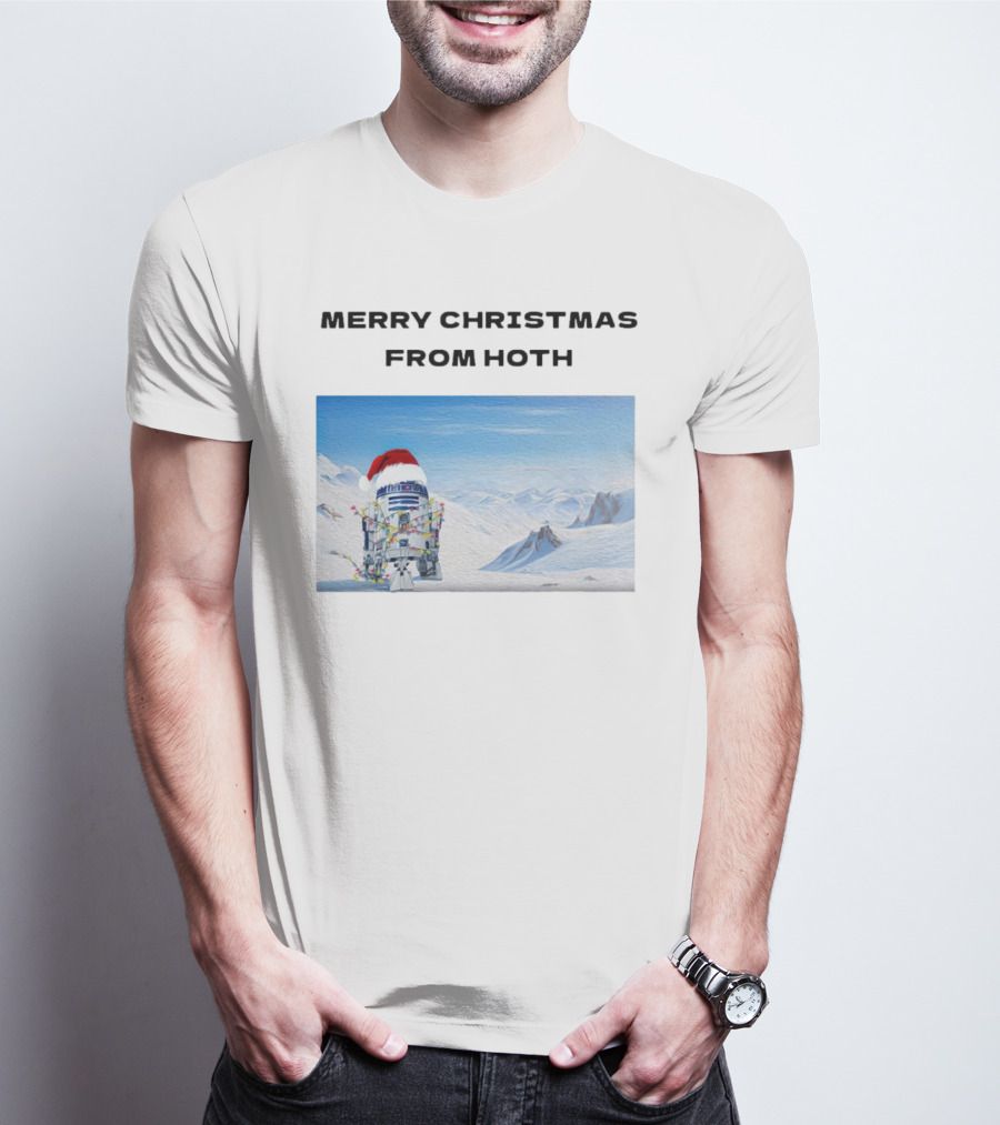 R2-D2 Merry Christmas From Hoth Santa Hat Lights Snowy Scene T-Shirt