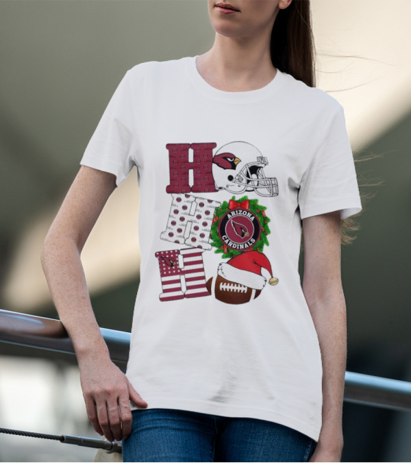 Arizona Cardinals Helmet Wreath Football Ho Ho Ho Merry Christmas T-Shirt