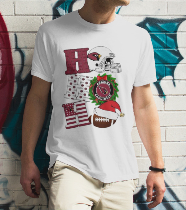 Arizona Cardinals Helmet Wreath Football Ho Ho Ho Merry Christmas T-Shirt