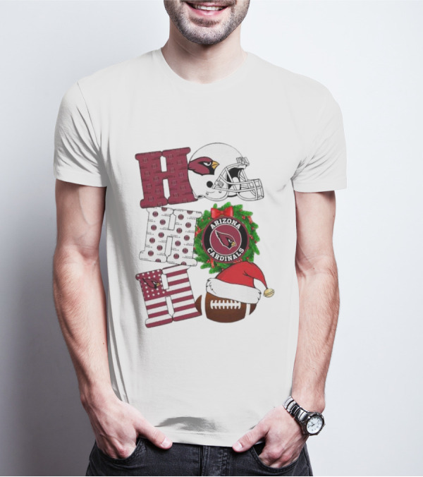 Arizona Cardinals Helmet Wreath Football Ho Ho Ho Merry Christmas T-Shirt