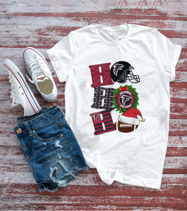 Atlanta Falcons Ho Ho Ho Merry Christmas Football Helmet Wreath Santa Hat T-Shirt